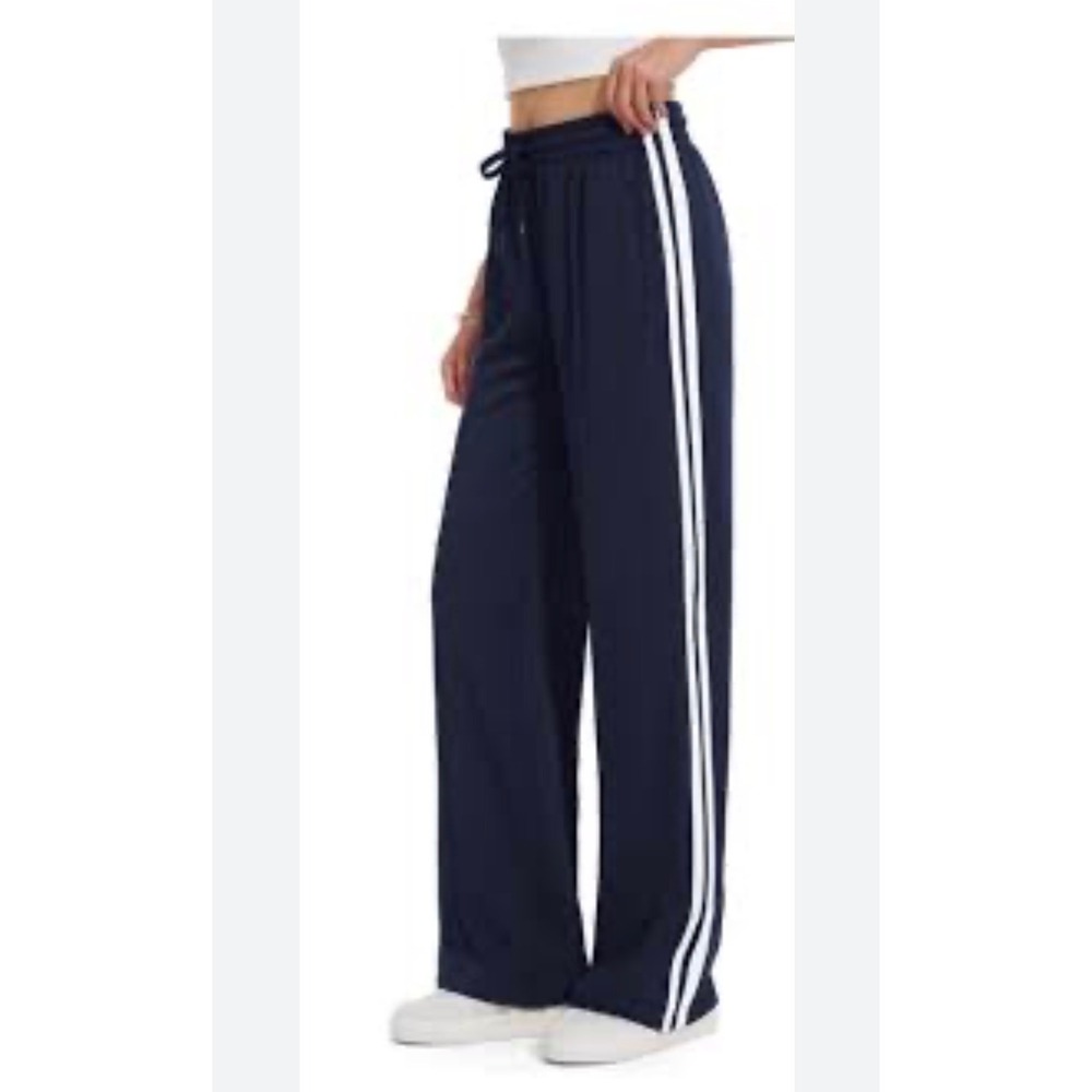 Tapata Womens Wide Leg Track Pants Navy Blue Side Stripe Drawstring Small 28in